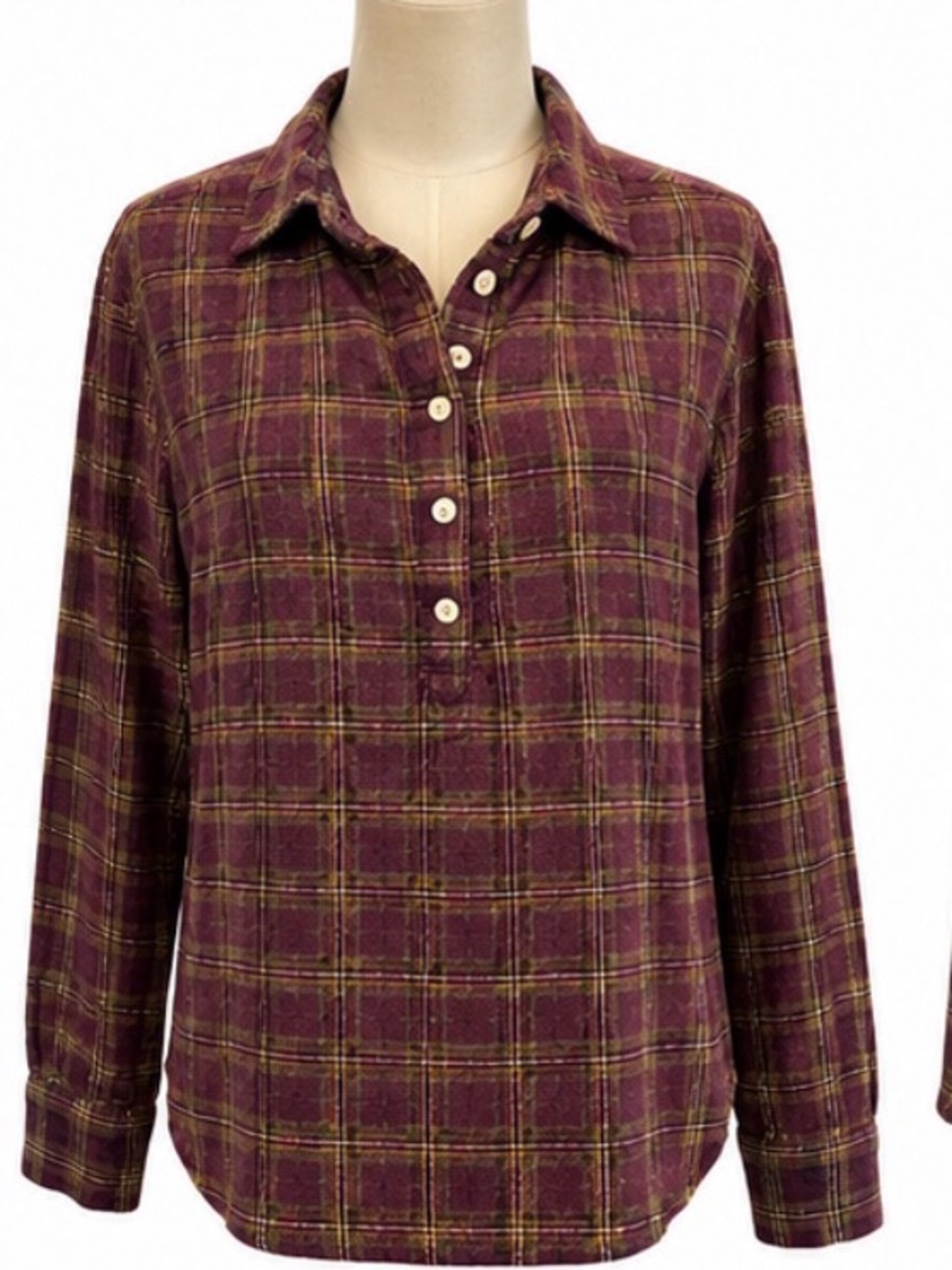 Faherty Plaid Wool Blend Popover Shirt M Burgundy Olive Long Sleeve